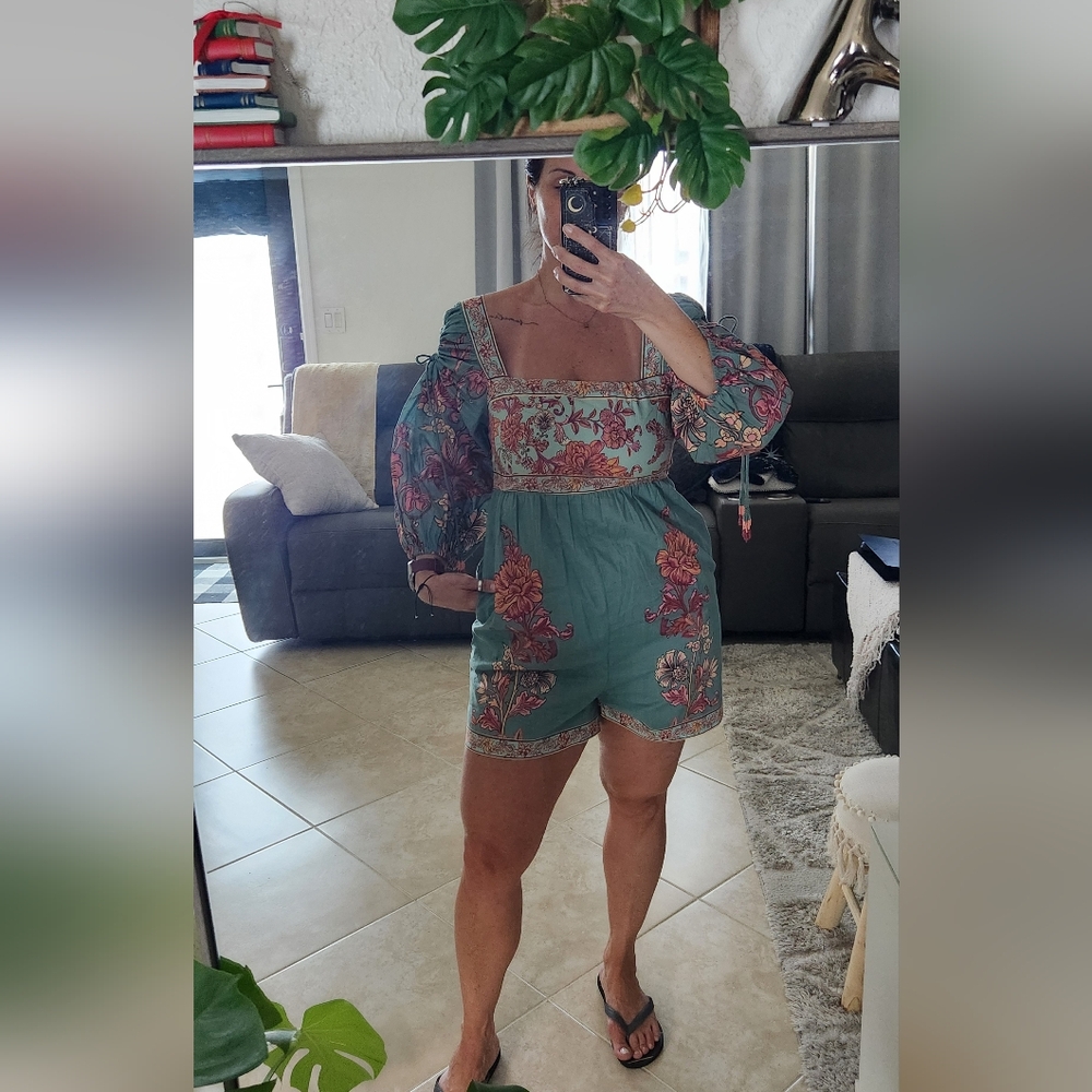 Farm Rio X Anthropoligie Puff-sleeve Square Neck Romper